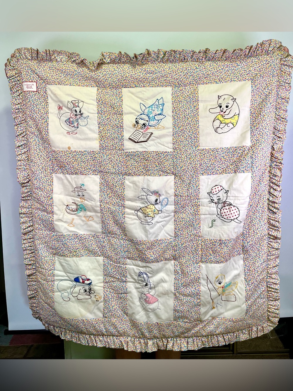 Vintage 1955 Handmade Embroidered Baby Quilt Animal Applique Nursery Blanket MCM